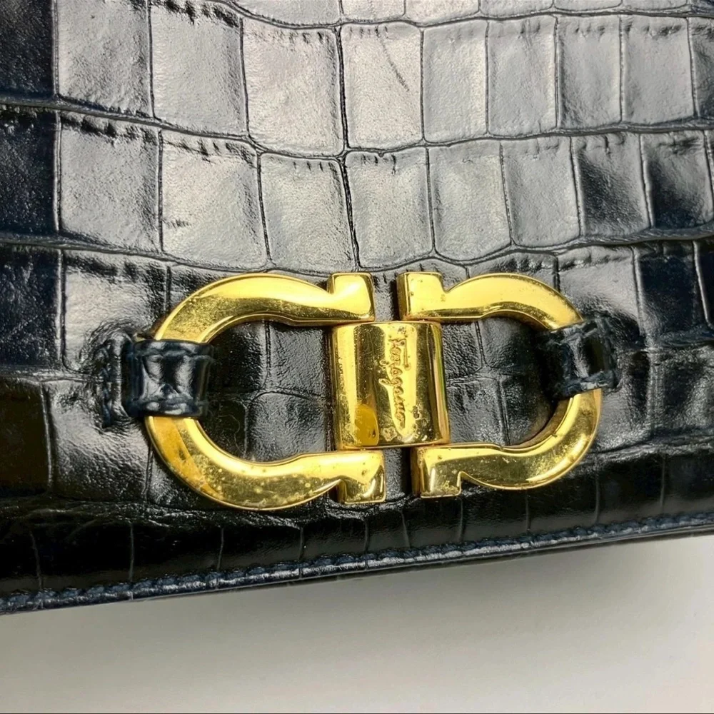 Salvatore Ferragamo Vintage Black Crocodile Embossed Leather Bag Gancini Italy